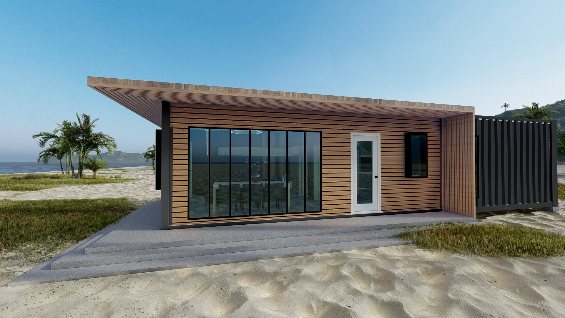 Container house in sand at the beach