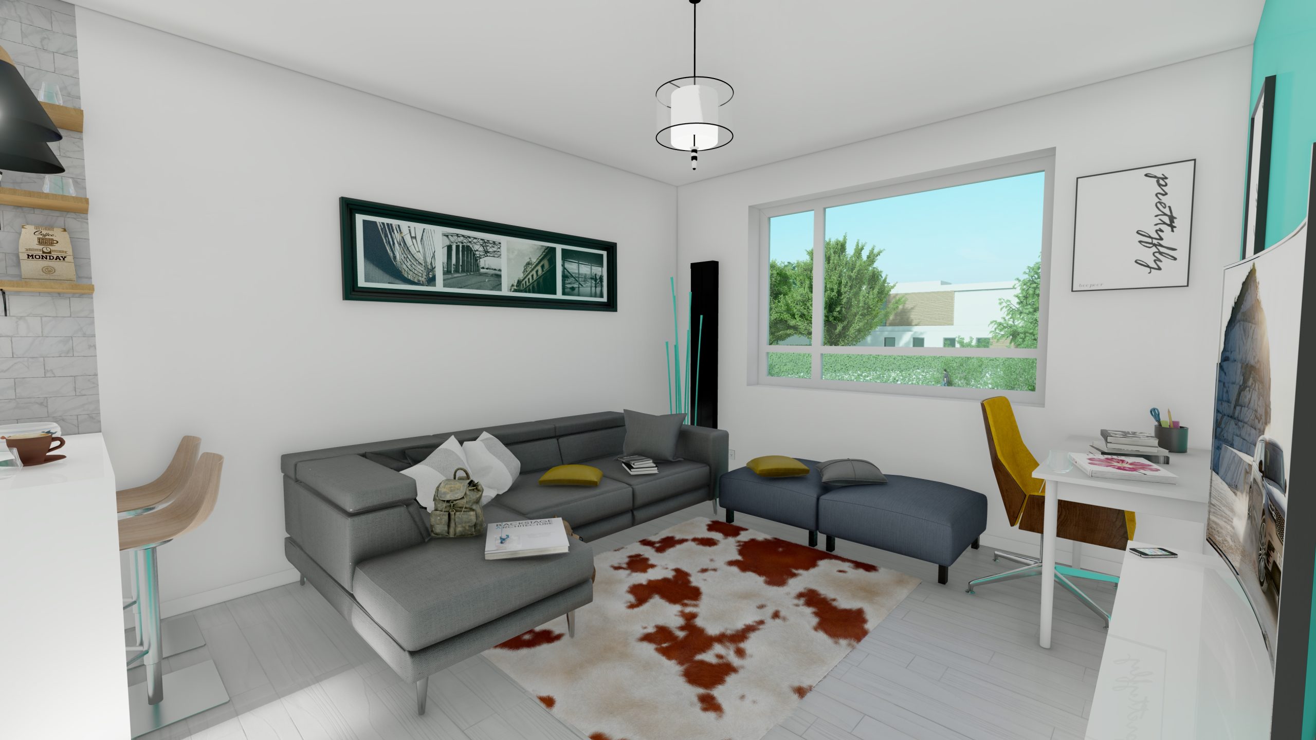 Living room with a grey sofa and lightly coloured carpet